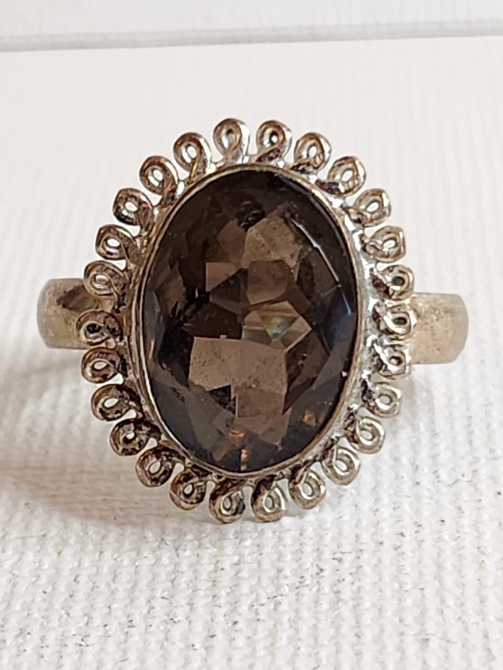 Smoky Quartz Oval Costume Silvertone Ring Elegant Dark Brown Gemstone Size 9.75